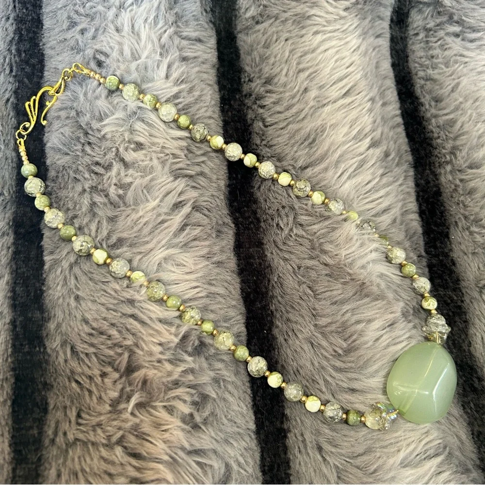 Handcrafted green tone art glass bead necklace